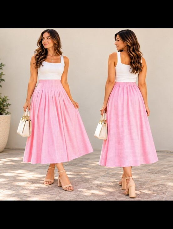 Mable Dresses & Skirts - Mable Pink Women Gingham Skirt Pleaded Detail Size S